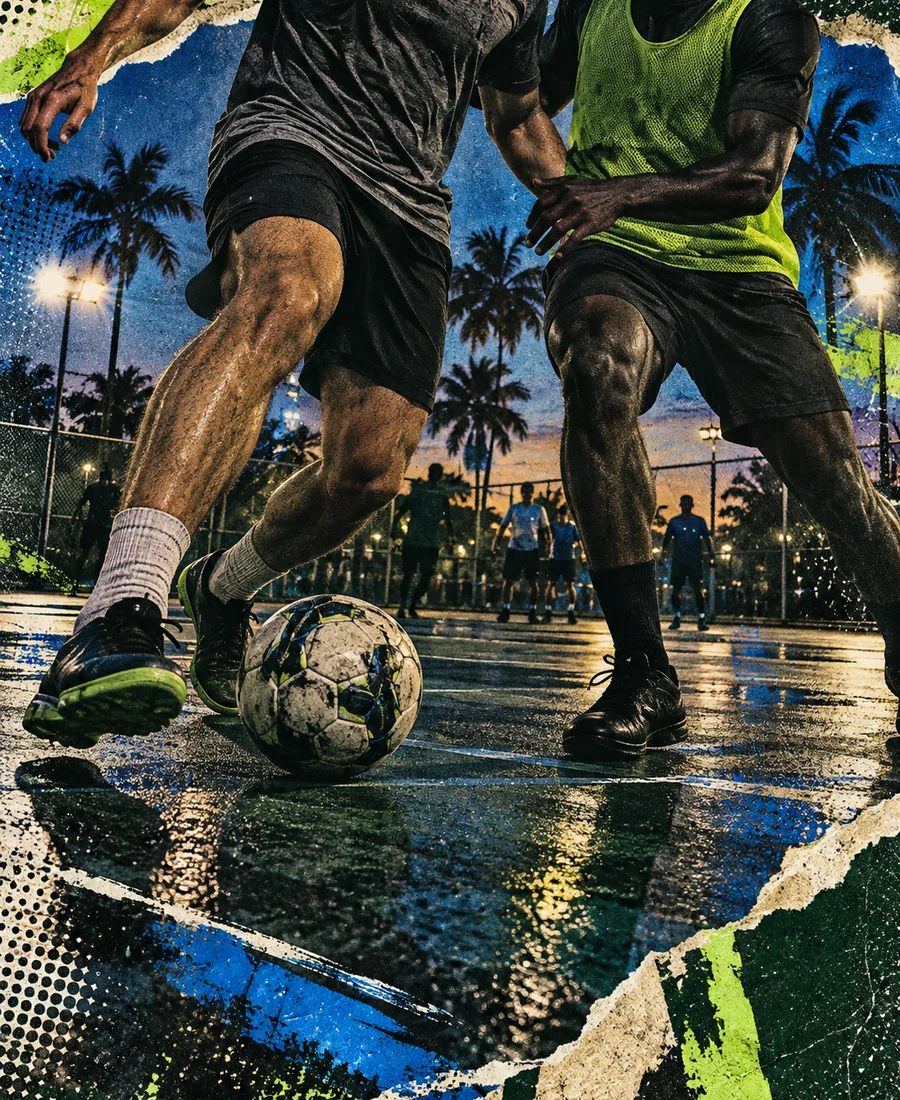 Editorial collage of adults playing small-sided soccer under lights