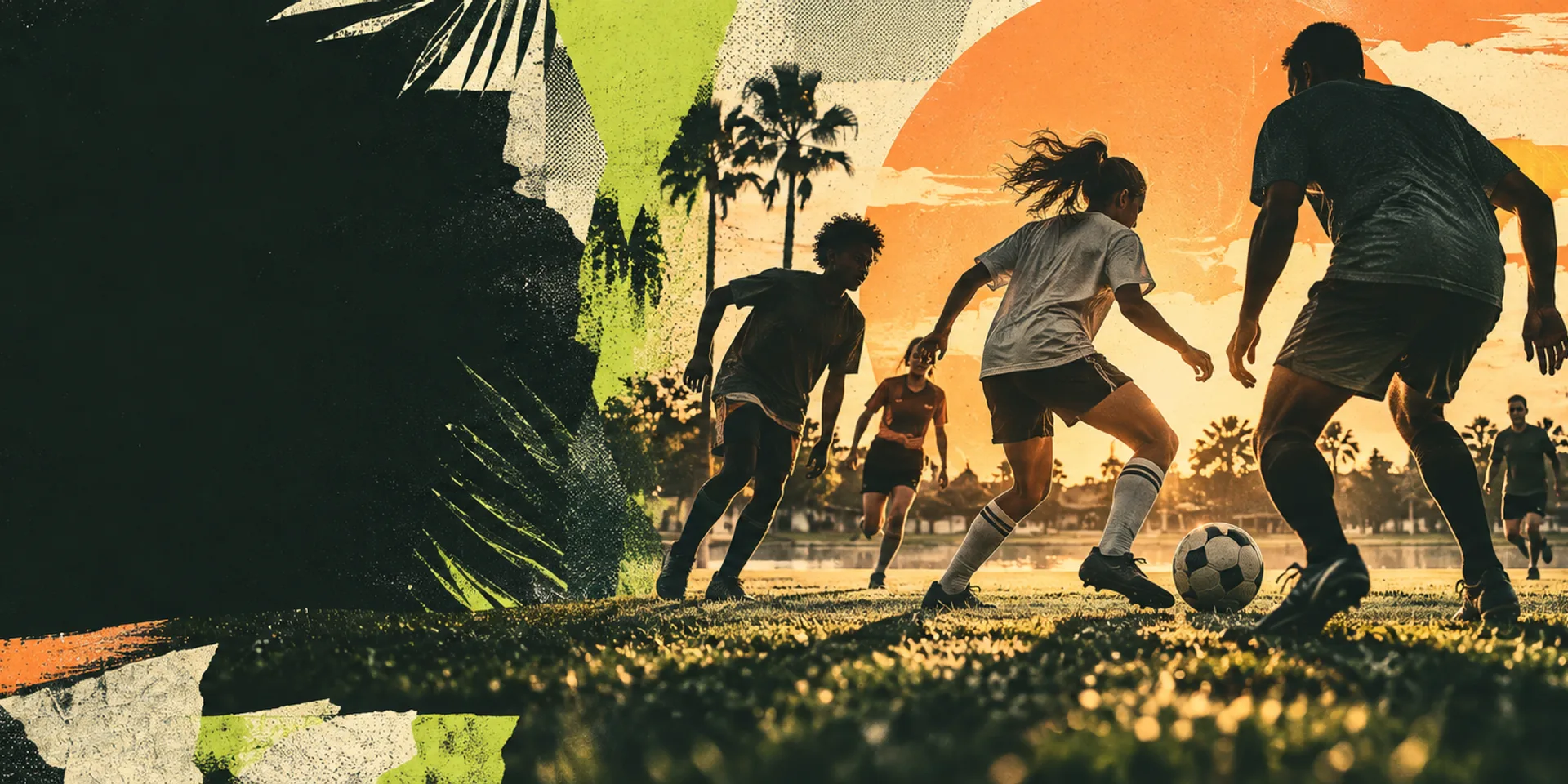 Editorial collage of youth and adult players sharing a neighborhood soccer field at sunset