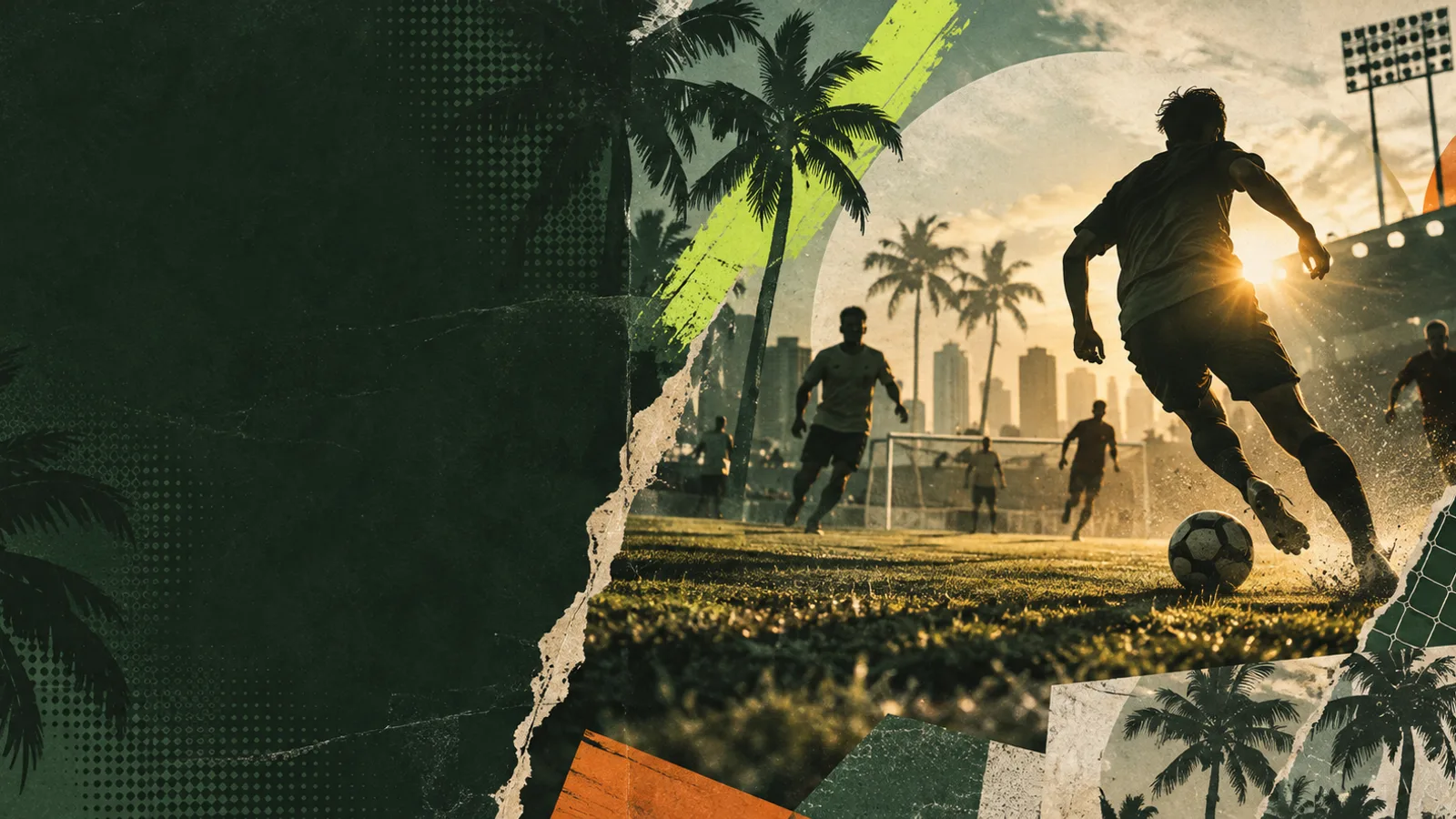 Editorial collage of soccer under stadium lights and Florida palms