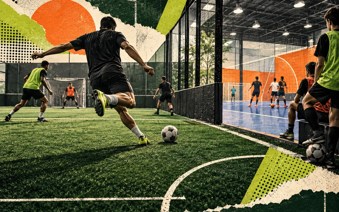 Editorial collage of indoor small-sided soccer and futsal