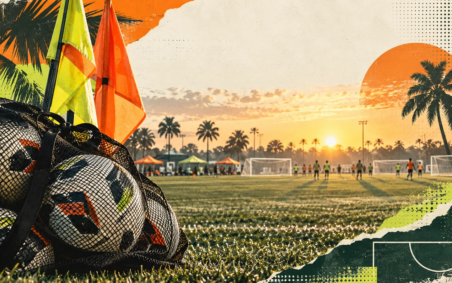 Editorial collage of soccer balls and flags at a morning tournament