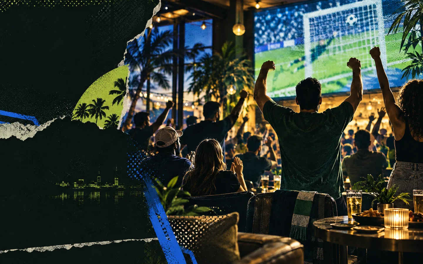 Editorial collage of supporters watching a soccer match together
