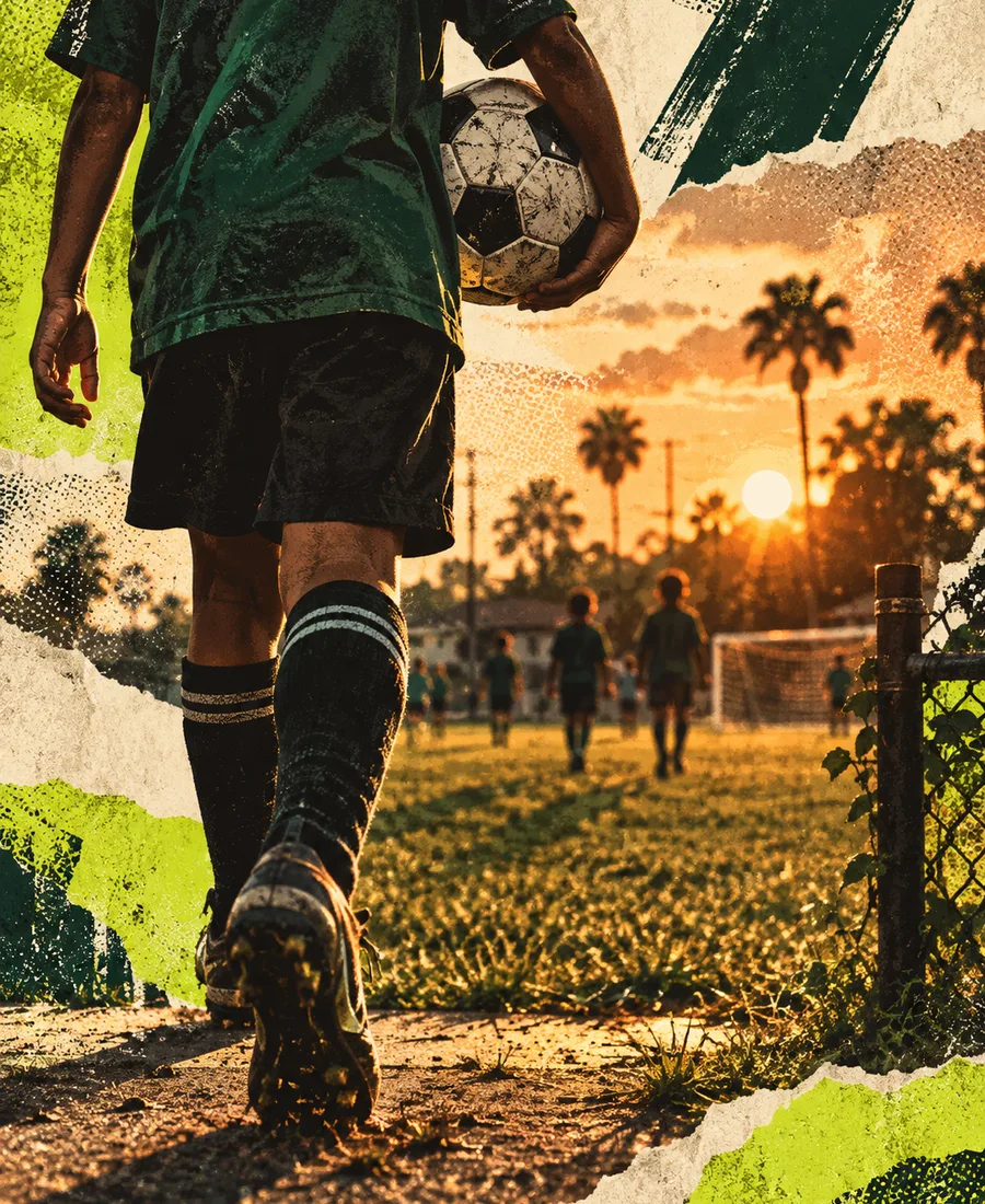 Editorial collage of a young player carrying a ball toward practice